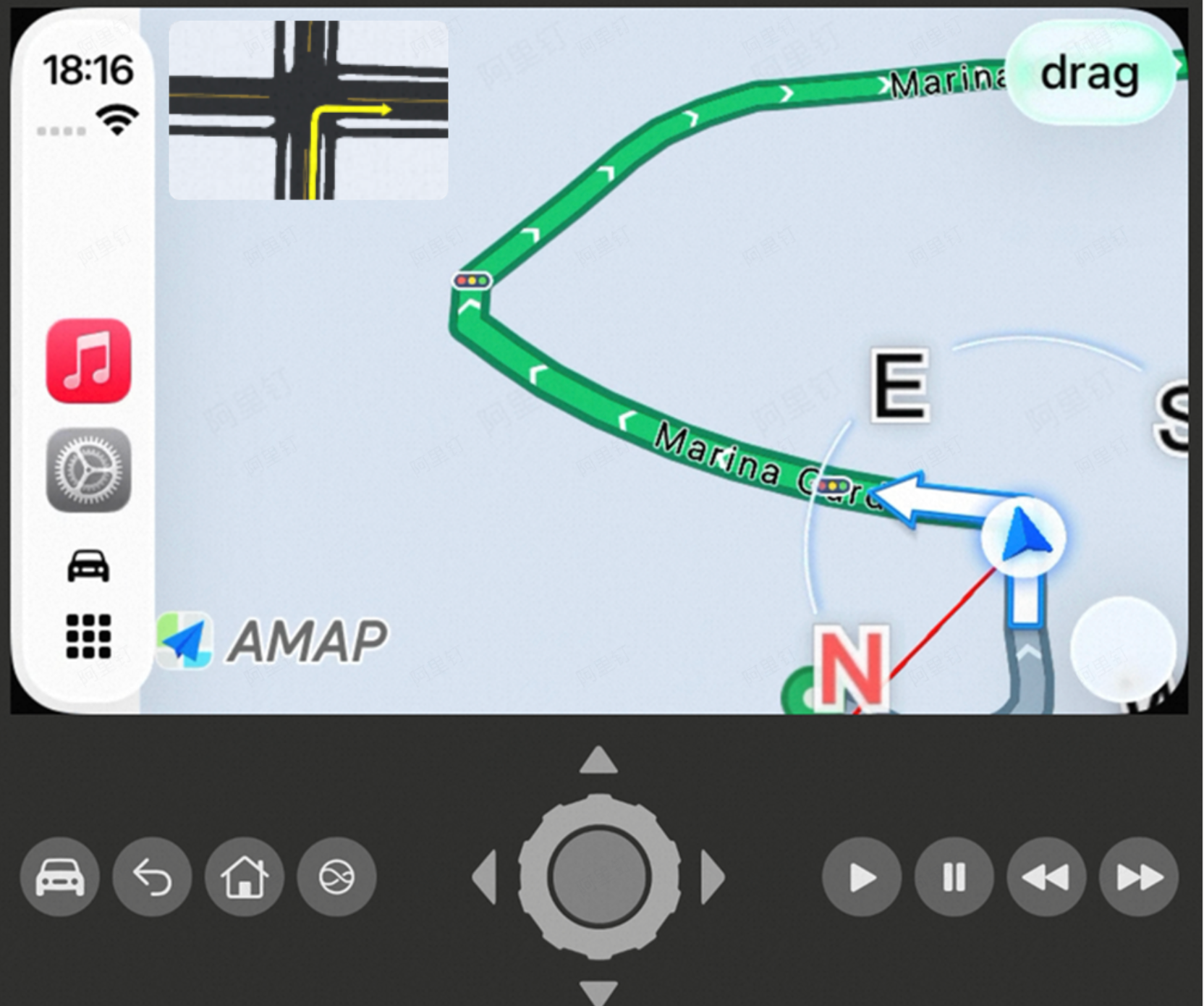 CarPlay navigation screen displaying the route path with compass, vehicle icon, and media playback controls