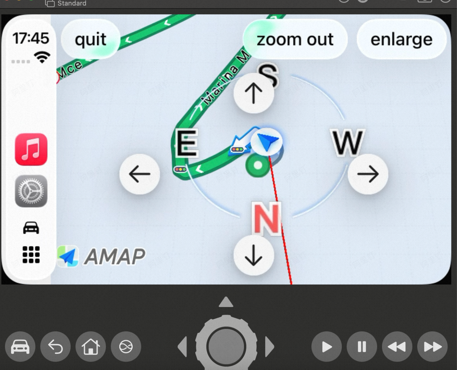 CarPlay dashboard interface showing AMAP navigation with directional controls, zoom options, and app shortcuts