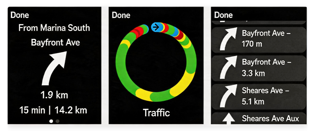 Apple Watch companion app displaying navigation information with remaining distance, traffic ring indicator, and turn-by-turn directions