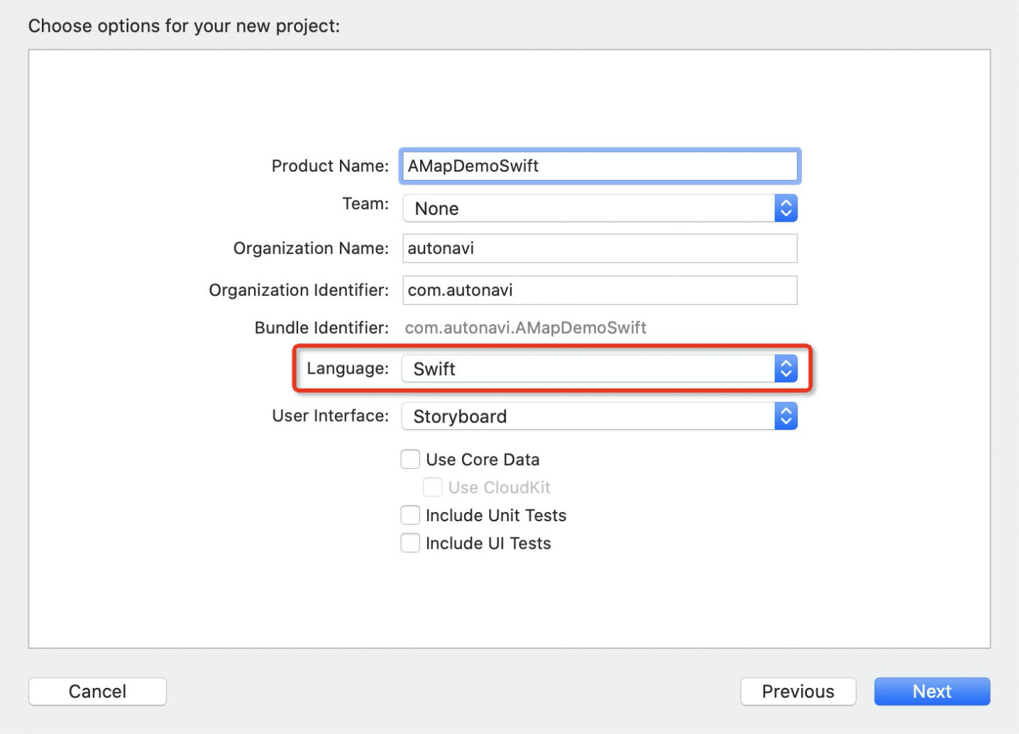Xcode new iOS project setup dialog showing the Product Name, Team, Organization Identifier, Bundle ID, and Swift language selection for an AMAP Navigation SDK project