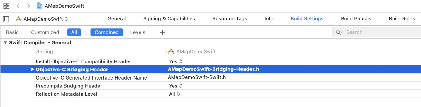 Xcode Build Settings showing the Objective-C Bridging Header path configuration for integrating AMAP Navigation SDK in a Swift project