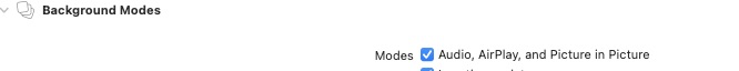 Xcode Background Modes capability settings showing Audio, AirPlay and Picture in Picture mode enabled for AMAP iOS Navigation SDK