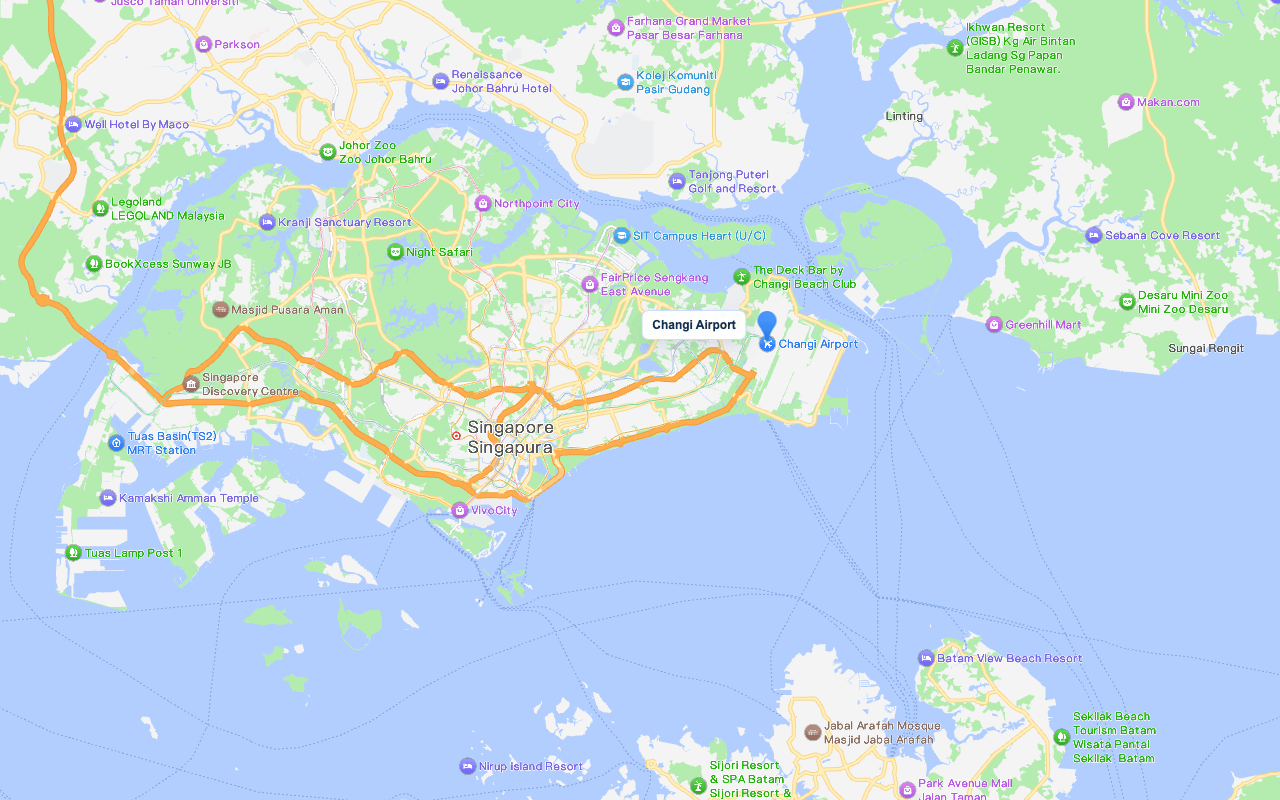 AMAP map showing Singapore Changi Airport as the journey starting point
