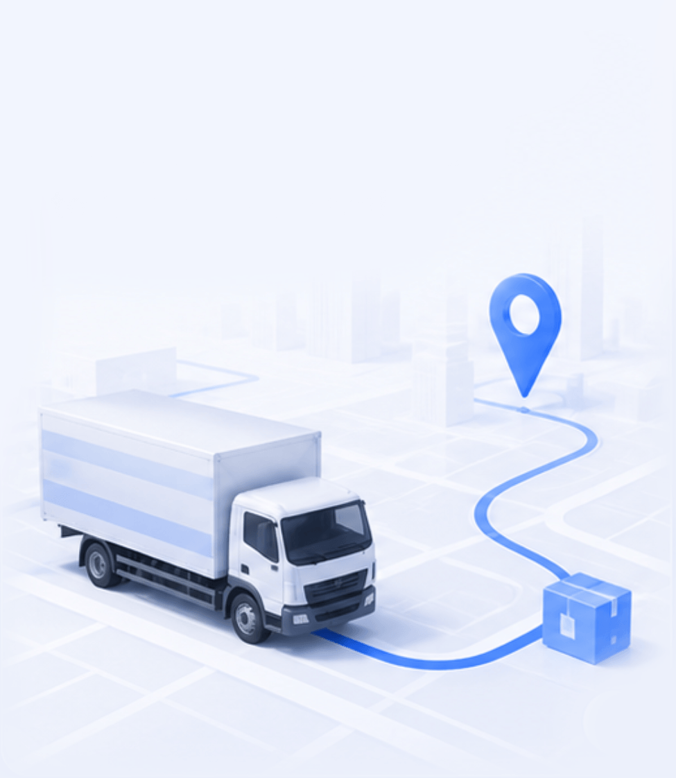 A logistics truck moving through a city at night