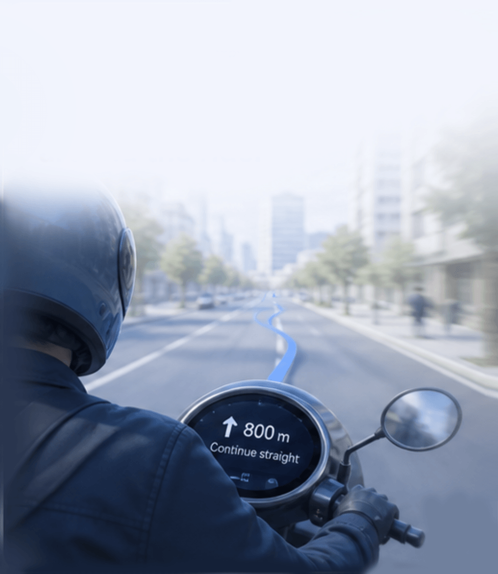 A smart two-wheeler traveling through a modern city