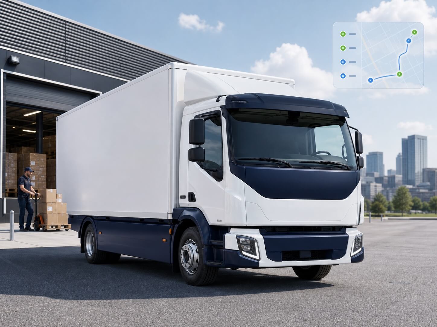 A large delivery truck at a modern distribution hub