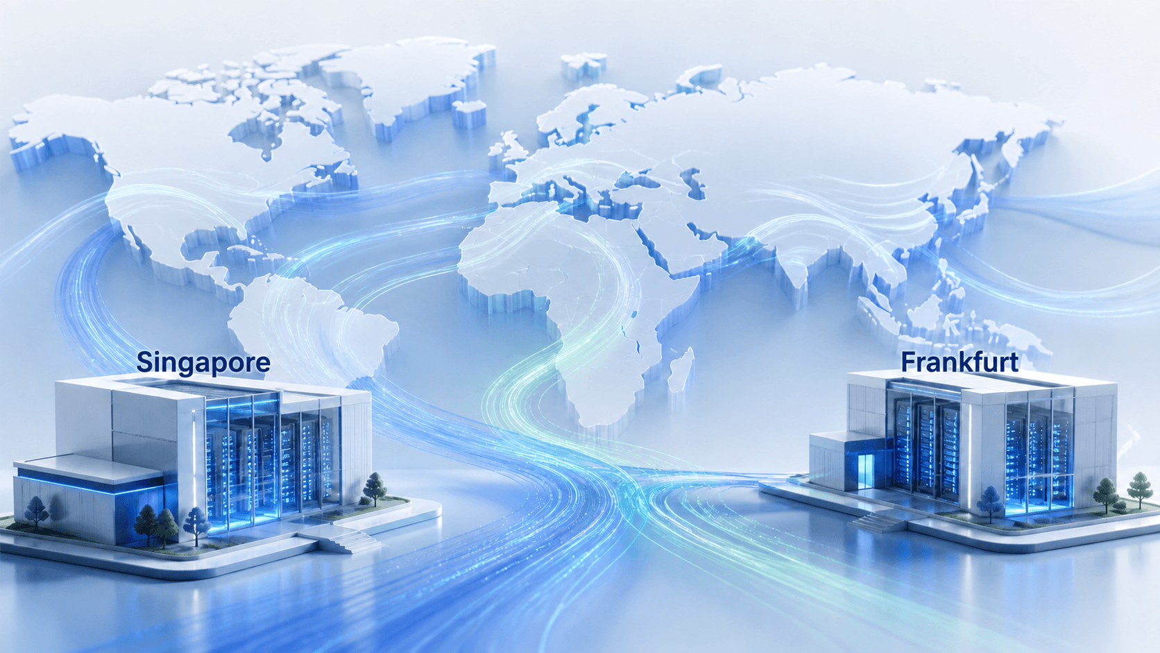 Two regional data centers connected by a global map data network