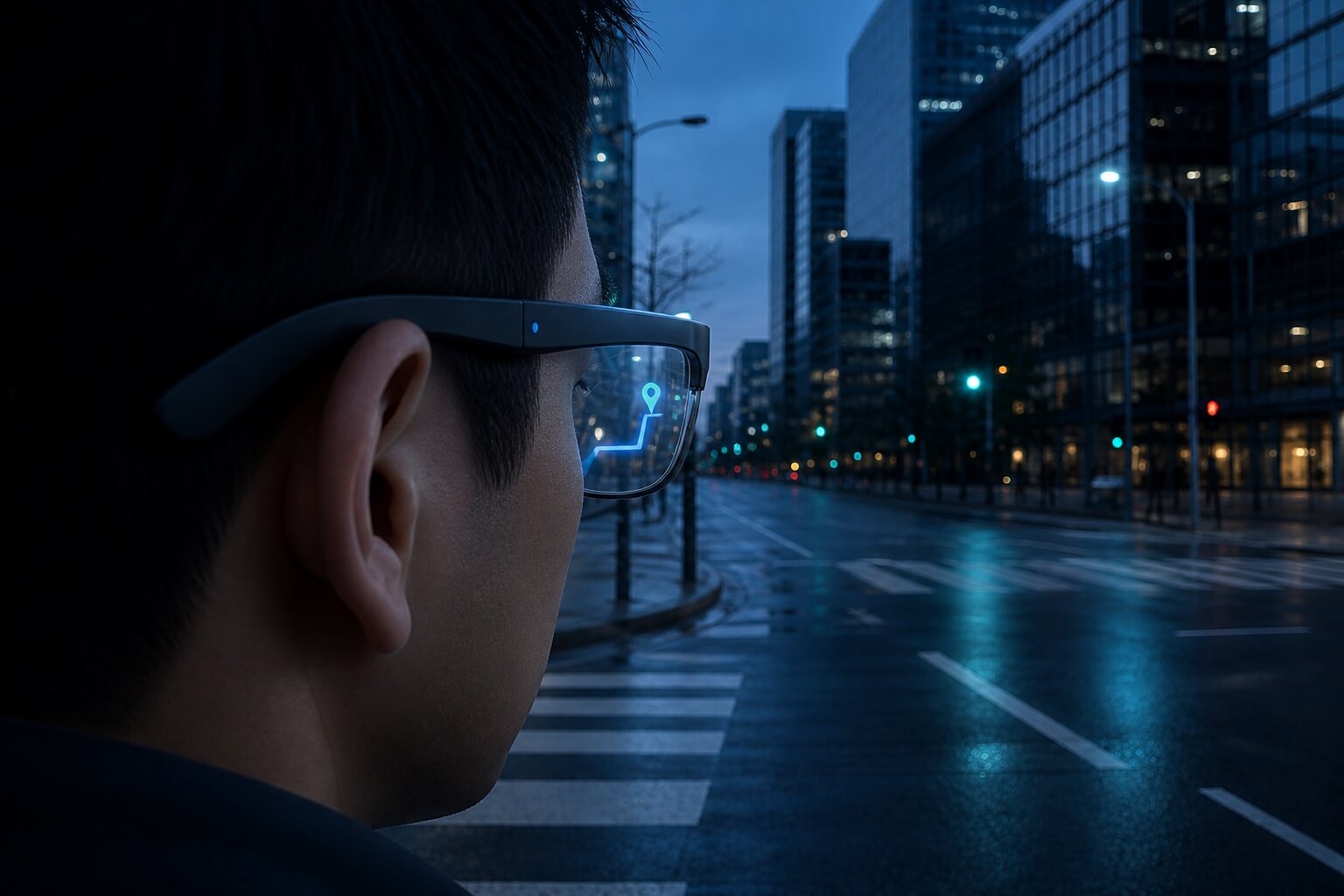 Smart glasses presenting route guidance through an optical display