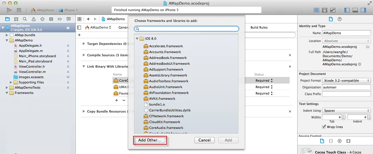 Xcode Build Phases Link Binary With Libraries dialog for adding MAMapKit.framework