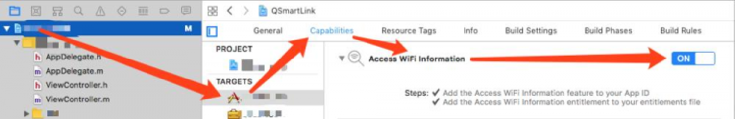 Xcode Capabilities tab with Access WiFi Information toggle enabled for an iOS AMAP SDK project