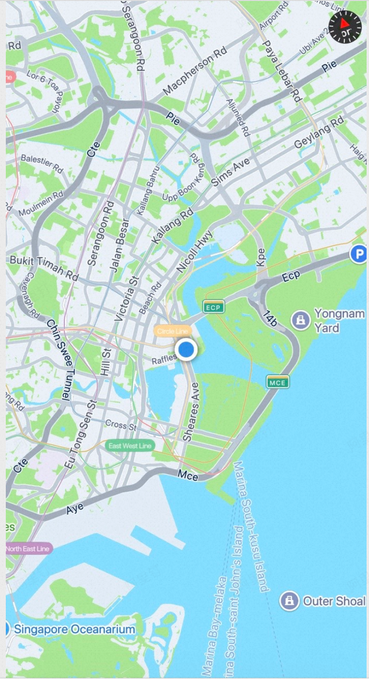 iOS map view displaying the blue user location dot on the current position