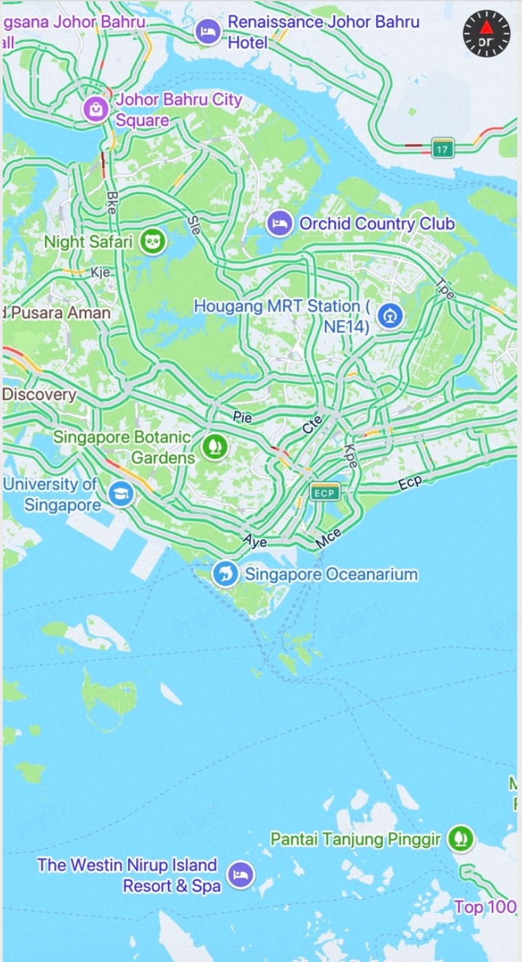 iOS Maps SDK map with traffic layer enabled showing real-time traffic flow conditions