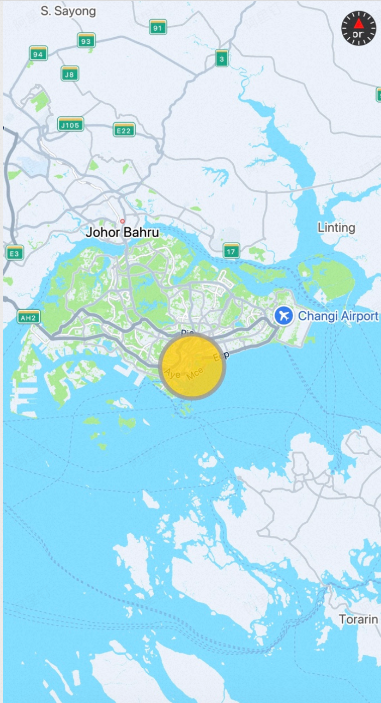 Circle overlay with orange semi-transparent fill and gray stroke rendered on an iOS AMAP map