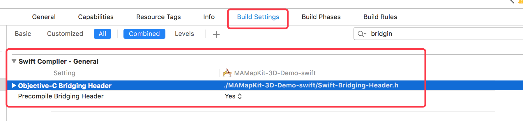 Xcode Build Settings showing the Objective-C Bridging Header path configuration for a Swift project