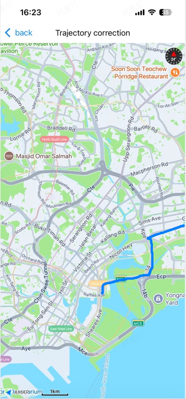 Route matching correction showing recorded trajectory points snapped to roadways on an iOS map